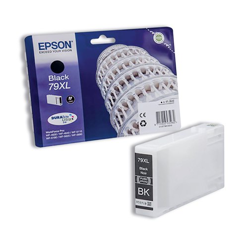 This genuine Epson 79XL high yield inkjet cartridge is packed with 41.8ml of black ink for a higher print yield up to 2,600 pages. DURABrite Ultra ink ensures bright and crisp results, every time. Compatible with the WorkForce Pro WF-4630DWF, WF-4640DTWF, WF-5110DW, WF-5190DW, WF-5620DWF and WF-5690DWF.