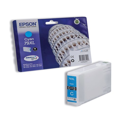 This genuine Epson 79XL high yield inkjet cartridge is packed with 17.1ml of cyan ink for a high print yield up to 2,000 pages. DURABrite Ultra ink ensures bright and crisp results, every time. Compatible with the WorkForce Pro WF-4630DWF, WF-4640DTWF, WF-5110DW, WF-5190DW, WF-5620DWF and WF-5690DWF.