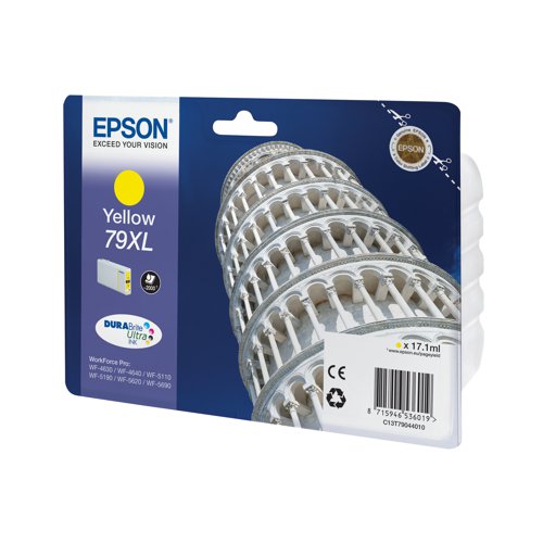 This genuine Epson 79XL high yield inkjet cartridge is packed with 17.1ml of yellow ink for a high print yield up to 2,000 pages. DURABrite Ultra ink ensures bright and crisp results, every time. Compatible with the WorkForce Pro WF-4630DWF, WF-4640DTWF, WF-5110DW, WF-5190DW, WF-5620DWF and WF-5690DWF.