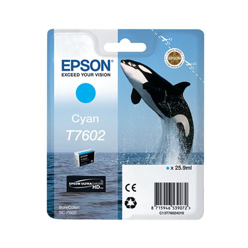 Epson T7602 Ink Cartridge Ultra Chrome HD Killer Whale Cyan C13T76024010 EP53907 Buy online at Office 5Star or contact us Tel 01594 810081 for assistance