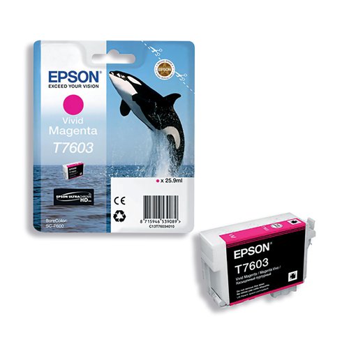 Epson T7603 Ink Cartridge Ultra Chrome HD Killer Whale Vivid Magenta C13T76034010. Page yield: up to 1,400. Compatible with SureColor SC-P600 inkjet printers.