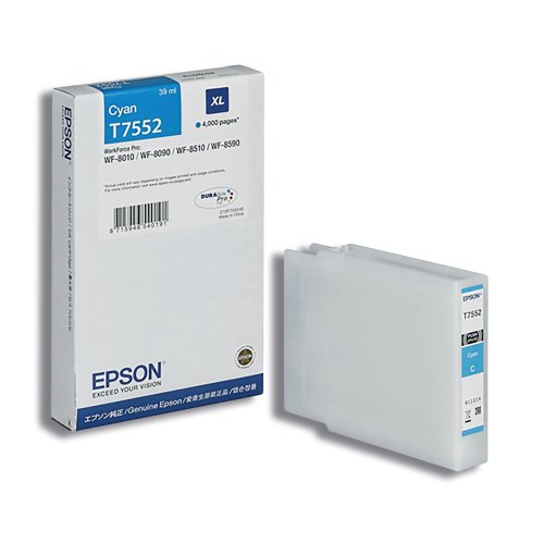 Enjoy high speed inkjet output from your Epson WorkForce WF-8000 series printer by installing a T7552 cyan XL ink cartridge. This extra high capacity cartridge is packed with enough ink to print up to 4,000 pages, with DURABrite Pro ink for business-quality text and image output. Compatible with WF-8010DW, WF-8090 series, WF-8510DWF, WF-8590 series printers.