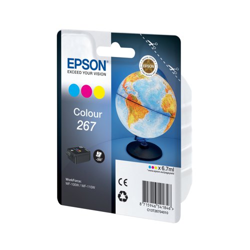 Designed specifically for the Epson Workforce WF-100W inkjet printer, this Epson 267 Globe Ink Cartridge gives you access to high quality prints. A single tri-colour cartridge provides cyan, magenta and yellow ink, to print up to 200 pages. Ensures quick-drying prints that are water and fade resistant.