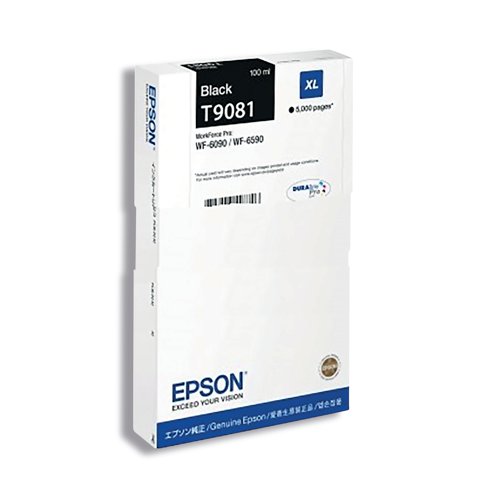 Enjoy high speed inkjet output from your Epson WorkForce printer by installing a genuine Epson T9081 Pro XL ink cartridge. This extra high capacity cartridge is packed with 100ml of DURABrite Pro ink for business-quality text and image output, enough to print up to 5,000 pages. Compatible with Epson WorkForce Pro WF 6090 and WF6590 printers.
