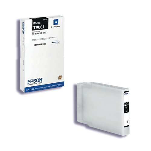 Enjoy high speed inkjet output from your Epson WorkForce printer by installing a genuine Epson T9081 Pro XL ink cartridge. This extra high capacity cartridge is packed with 100ml of DURABrite Pro ink for business-quality text and image output, enough to print up to 5,000 pages. Compatible with Epson WorkForce Pro WF 6090 and WF6590 printers.