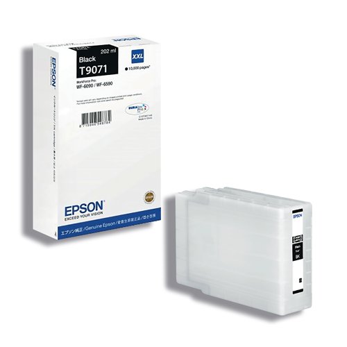 Enjoy high speed inkjet output from your Epson WorkForce printer by installing a genuine Epson T9071 Pro XXL ink cartridge. This extra high capacity cartridge is packed with 202ml of DURABrite Pro ink for business-quality text and image output, enough to print up to 10,000 pages. Compatible with Epson WorkForce Pro WF 6090 and WF6590 printers.