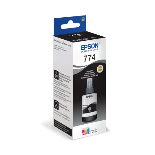 This genuine Epson ink bottle 774 provides 140ml of pigment ink for your Epson EcoTank refillable inkjet printer, providing unbeatable value-for-money compared to traditional ink cartridges. Just top up the ink tanks in your printer when required for professional quality, fade resistant documents. Page yield of up to 6,000. Compatible with Epson Eco Tank ET-4550, ET-3600, ET-16500 printers.
