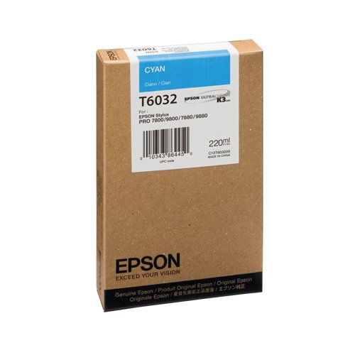 You can rely on this genuine Epson T6032 Cyan Inkjet Cartridge for outstanding large format output from your Epson Stylus Pro 7800 or 9800 inkjet printer. The range of nine cartridges used in your Stylus Pro printer ensure exceptional colour reproduction with a wide range of tones and shades. This cartridge contains 220ml of cyan-coloured UltraChrome K3 ink for glossy and vivid prints that last longer without fading.