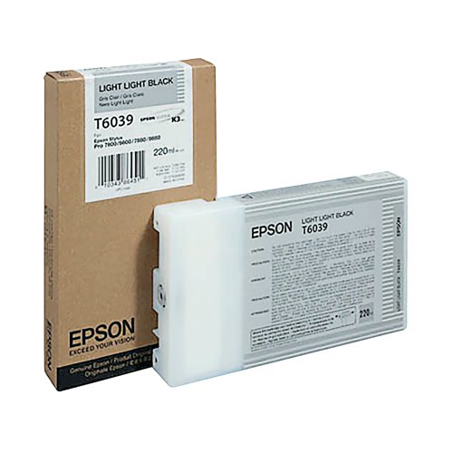 You can rely on this genuine Epson T6039 Light Light Black Inkjet Cartridge for outstanding large format output from your Epson Stylus Pro 7800 or 9800 inkjet printer. The range of nine cartridges used in your Stylus Pro printer ensure exceptional colour reproduction with a wide range of tones and shades. This cartridge contains 220ml of light light black-coloured UltraChrome K3 ink for glossy and vivid prints that last longer without fading.