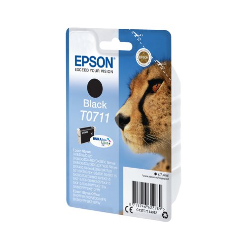 Choose a genuine Epson Black Inkjet Cartridge for unbeatable results from your Epson Stylus inkjet printer. This T0711 cartridge, part of the Cheetah range, is packed with top quality black ink for dependable, top-quality output. Long-lasting DURABrite ink technology produces text documents and photos that remain bright and clear for longer. Packed with 7.4ml of ink, this cartridge keeps going longer for up to 245 pages.