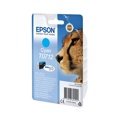 EP62450 Epson T0712 Ink Cartridge DURABrite Ultra Cheetah Cyan C13T07124012