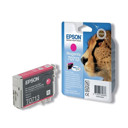 Choose a genuine Epson T0713 Magenta Inkjet Cartridge for unbeatable results from your Epson Stylus inkjet printer. This T0713 cartridge, part of the Cheetah range, is packed with top quality magenta ink for dependable, top-quality output. Long-lasting DURABrite ink technology produces text documents and photos that remain bright and clear for longer. Packed with 5.5ml of ink, this cartridge keeps going longer for up to 270 pages.