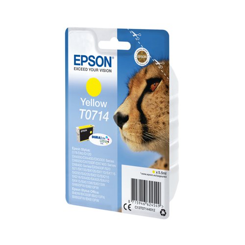 Choose a genuine Epson T0714 Yellow Inkjet Cartridge for unbeatable results from your Epson Stylus inkjet printer. This T0714 cartridge, part of the Cheetah range, is packed with top quality yellow ink for dependable, top-quality output. Long-lasting DURABrite ink technology produces text documents and photos that remain bright and clear for longer. Packed with 5.5ml of ink, this cartridge keeps going longer for up to 475 pages.