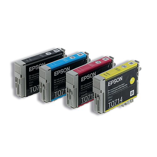 Epson T0715 DURABrite Ultra Ink produces business quality text documents and lab-quality photos. Prints are water, smudge and fade resistant. Pack contains one of each: T0711 (Black), T0712 (Cyan), T0713 (Magenta), T0714 (Yellow).