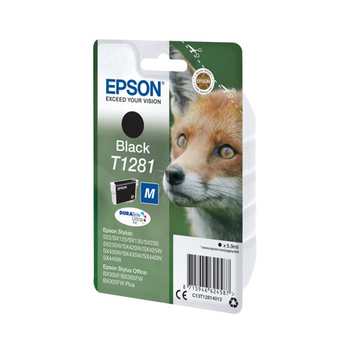 This Epson T1281 Black Inkjet Cartridge produces high quality print output from your Epson Stylus inkjet printer. As a genuine Epson consumable, it provides consistent and reliable operation for trouble-free printing when you need it most. Each cartridge contains 6ml of black ink, with a print yield of up to 185 pages.