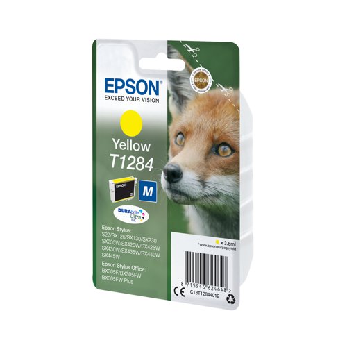 This Epson T1284 Yellow Inkjet Cartridge produces high quality print output from your Epson Stylus inkjet printer. As a genuine Epson consumable, it provides consistent and reliable operation for trouble-free printing when you need it most. Each cartridge contains 4ml of yellow ink, with a print yield of up to 260 pages.