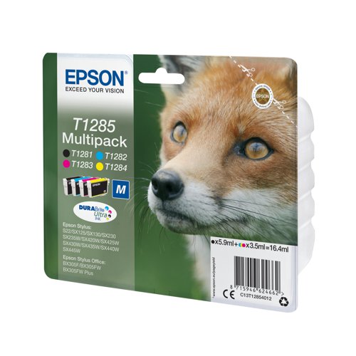Epson T1285 DURABrite Ultra ink produces business quality text documents and lab-quality photos. Prints are water, smudge and fade resistant. Pack contains one of each: T1281 (Black), T1282 (Cyan), T1283, (Magenta), T1284 (Yellow).