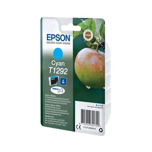 This Epson T1292 Cyan Inkjet Cartridge produces high quality print output from your Epson Stylus inkjet printer. As a genuine Epson consumable, it provides consistent and reliable operation for trouble-free printing. Each cartridge contains 7ml of cyan ink, with a print yield of up to 445 pages.