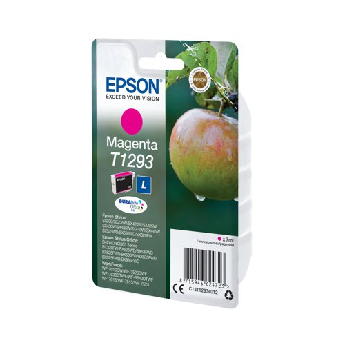 This Epson T1293 Magenta Inkjet Cartridge produces high quality print output from your Epson Stylus inkjet printer. As a genuine Epson consumable, it provides consistent and reliable operation for trouble-free printing. Each cartridge contains 7ml of magenta ink, with a print yield of up to 330 pages.