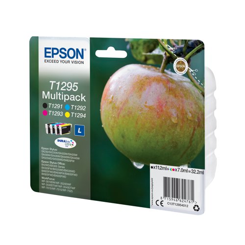 Epson T1295 DURABrite Ultra Ink produces business quality text documents and labe-quality photos. Prints are water, smudge and fade resistant. Pack contains one of each: T1291 (Black), T1292 (Cyan), T1293 (Magenta), T1294 (Yellow).