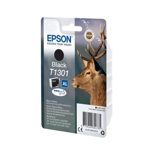 This Epson T1301 XHY Black Inkjet Cartridge produces high quality print output from your Epson Stylus and WorkForce inkjet printer. As a genuine Epson consumable, it provides consistent and reliable operation for trouble-free printing when you need it most, and is packed with 25.4ml of black ink.