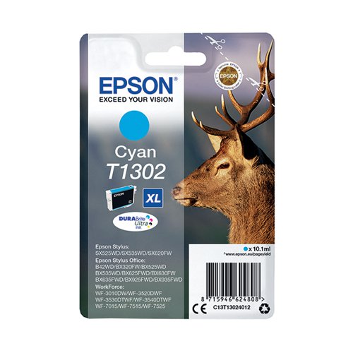 This Epson T1302 XHY Cyan Inkjet Cartridge produces high quality print output from your Epson Stylus and WorkForce inkjet printer. As a genuine Epson consumable, it provides consistent and reliable operation for trouble-free printing when you need it most, and is packed with 10.1ml of cyan ink.