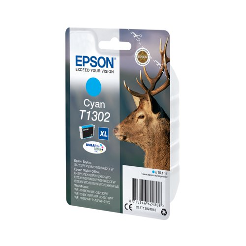 This Epson T1302 XHY Cyan Inkjet Cartridge produces high quality print output from your Epson Stylus and WorkForce inkjet printer. As a genuine Epson consumable, it provides consistent and reliable operation for trouble-free printing when you need it most, and is packed with 10.1ml of cyan ink.