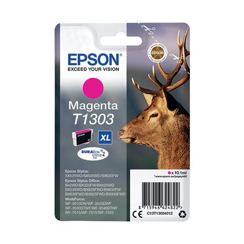 This Epson T1303 XHY Magenta Inkjet Cartridge produces high quality print output from your Epson Stylus and WorkForce inkjet printer. As a genuine Epson consumable, it provides consistent and reliable operation for trouble-free printing when you need it most, and is packed with 10.1ml of magenta ink.