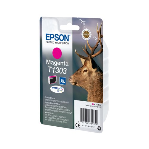 This Epson T1303 XHY Magenta Inkjet Cartridge produces high quality print output from your Epson Stylus and WorkForce inkjet printer. As a genuine Epson consumable, it provides consistent and reliable operation for trouble-free printing when you need it most, and is packed with 10.1ml of magenta ink.