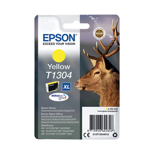 This Epson T1304 XHY Yellow Inkjet Cartridge provides high quality print output from your Epson Stylus and WorkForce inkjet printer. As a genuine Epson consumable, it provides consistent and reliable operation for trouble-free printing when you need it most, and is packed with 10.1ml of yellow ink.
