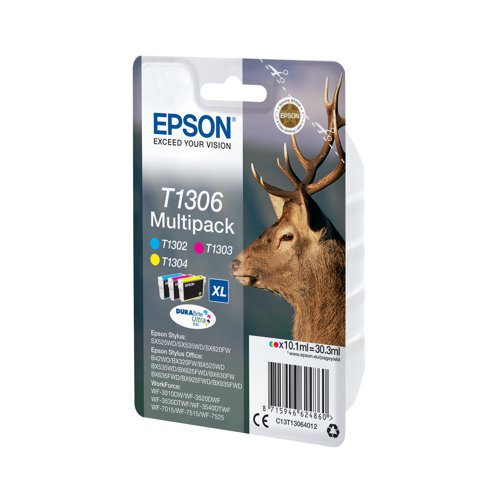 Epson T1306 Ink Cartridge DURABrite Ultra Extra High Yield Stag Multipack CMY C13T13064012 Inkjet Cartridges EP62486