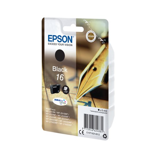 This Epson 16 Black Inkjet Cartridge ensures high quality print output from your Epson WorkForce inkjet printer. As a genuine Epson consumable, it ensures consistent and reliable operation for trouble-free printing when you need it most, and is packed with 5.4ml of black ink. Epson ensures that every cartridge meets its high standards and works with your machine to provide precise, clear printing.