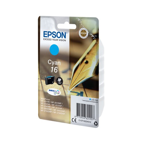 This Epson 16 Cyan Inkjet Cartridge ensures high quality print output from your Epson WorkForce inkjet printer. As a genuine Epson consumable, it ensures consistent and reliable operation for trouble-free printing when you need it most, and is packed with 3.1ml of cyan ink. Epson ensures that every cartridge meets its high standards and works with your machine to provide precise, clear printing.
