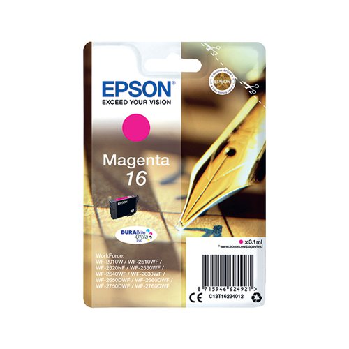 This Epson 16 Magenta Inkjet Cartridge ensures high quality print output from your Epson WorkForce inkjet printer. As a genuine Epson consumable, it ensures consistent and reliable operation for trouble-free printing when you need it most, and is packed with 3.1ml of magenta ink. Epson ensures that every cartridge meets its high standards and works with your machine to provide precise, clear printing.
