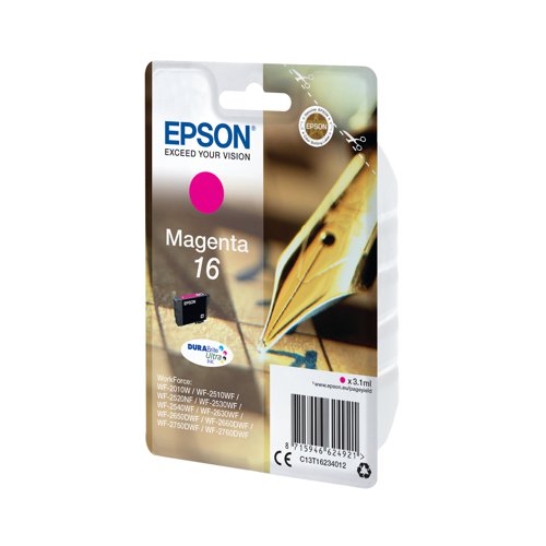 This Epson 16 Magenta Inkjet Cartridge ensures high quality print output from your Epson WorkForce inkjet printer. As a genuine Epson consumable, it ensures consistent and reliable operation for trouble-free printing when you need it most, and is packed with 3.1ml of magenta ink. Epson ensures that every cartridge meets its high standards and works with your machine to provide precise, clear printing.