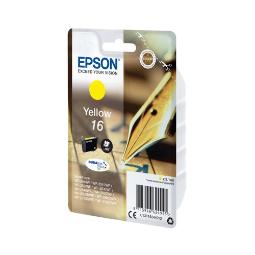 This Epson 16 Yellow Inkjet Cartridge ensures high quality print output from your Epson WorkForce inkjet printer. As a genuine Epson consumable, it ensures consistent and reliable operation for trouble-free printing when you need it most, and is packed with 3.1ml of yellow ink. Epson ensures that every cartridge meets its high standards and works with your machine to provide precise, clear printing.