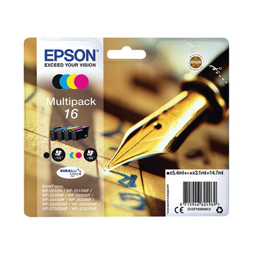 Epson 16 DURABrite Ultra ink produces business quality text documents and lab-quality photos. This all-pigment ink system produces prints are water, smudge and fade resistant. Pack contains one of each: T1621 (Black), T1622 (Cyan), T1623 (Magenta), T1644 (Yellow).