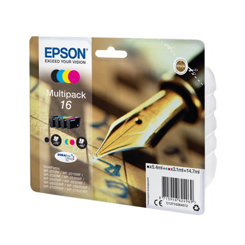Epson 16 DURABrite Ultra ink produces business quality text documents and lab-quality photos. This all-pigment ink system produces prints are water, smudge and fade resistant. Pack contains one of each: T1621 (Black), T1622 (Cyan), T1623 (Magenta), T1644 (Yellow).