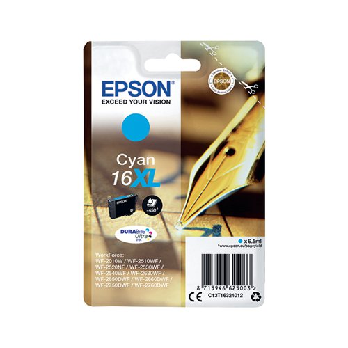 This Epson 16 HY Cyan Inkjet Cartridge ensures high quality print output from your Epson WorkForce inkjet printer. As a genuine Epson consumable, it ensures consistent and reliable operation for trouble-free printing when you need it most, and is packed with 6.5ml of cyan ink. Epson ensures that every cartridge meets its high standards and works with your machine to provide precise, clear printing.