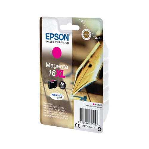 This Epson 16 HY Magenta Inkjet Cartridge ensures high quality print output from your Epson WorkForce inkjet printer. As a genuine Epson consumable, it ensures consistent and reliable operation for trouble-free printing when you need it most, and is packed with 6.5ml of magenta ink. Epson ensures that every cartridge meets its high standards and works with your machine to provide precise, clear printing.