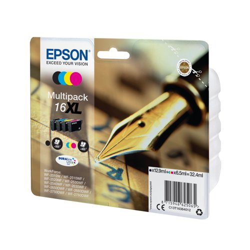 Epson 16XL DURABrite Ultra ink produces business quality text documents and lab-quality photos. This all-pigment ink system produces prints are water, smudge and fade resistant. High yield ink cartridges offer great value for money for high volume printing. Pack contains one of each: T1631 (Black), T1632 (Cyan), T1633 (Magenta), T1634 (Yellow).