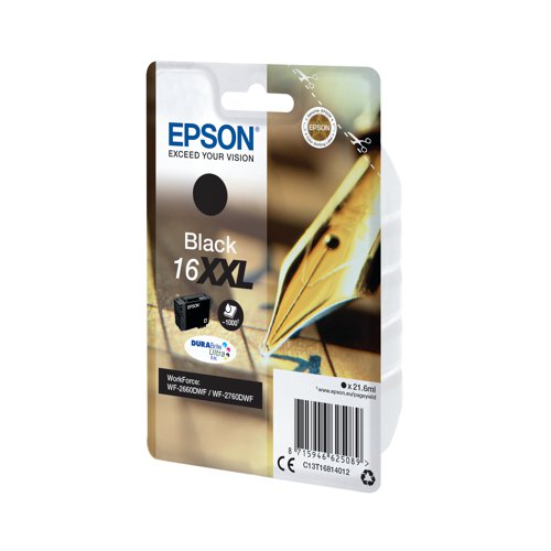 This Epson 16 XHY Black Inkjet Cartridge ensures high quality print output from your Epson WorkForce inkjet printer. As a genuine Epson consumable, it ensures consistent and reliable operation for trouble-free printing when you need it most and has a print yield of up to 1000 pages. Epson ensures that every cartridge meets its high standards and works with your machine to provide precise, clear printing.