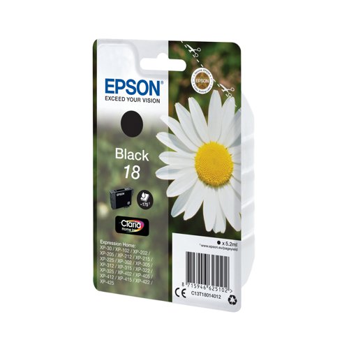 This Epson 18 Black Inkjet Cartridge is for use with Epson Expression Home XP-30, 102, 202, 205, 212, 215, 225, 305, 312, 315, 322, 325, 405, 412, 415, 422, and 425 printers. Each cartridge contains 5.2ml of ink. This pack contains 1 black ink cartridge.