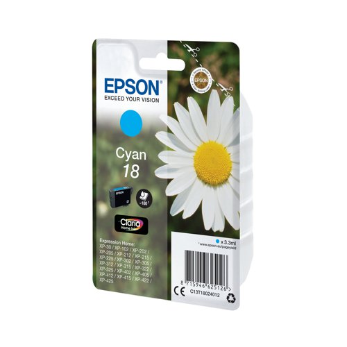 This Epson 18 Cyan Inkjet Cartridge is for use with Epson Expression Home XP-30, 102, 202, 205, 212, 215, 225, 305, 312, 315, 322, 325, 405, 412, 415, 422, and 425 printers. Each cartridge contains 3.3ml of ink. This pack contains 1 cyan ink cartridge.