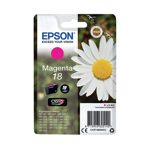 This Epson 18 Magenta Inkjet Cartridge is for use with Epson Expression Home XP-30, 102, 202, 205, 212, 215, 225, 305, 312, 315, 322, 325, 405, 412, 415, 422, and 425 printers. Each cartridge contains 3.3ml of ink. This pack contains 1 magenta ink cartridge.