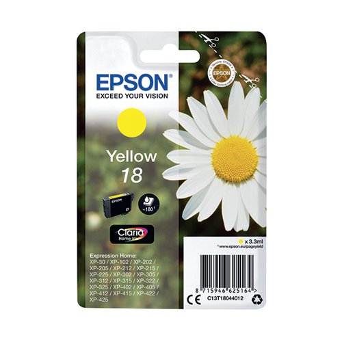 This Epson 18 Yellow Inkjet Cartridge is for use with Epson Expression Home XP-30, 102, 202, 205, 212, 215, 225, 305, 312, 315, 322, 325, 405, 412, 415, 422, and 425 printers. Each cartridge contains 3.3ml of ink. This pack contains 1 yellow ink cartridge.