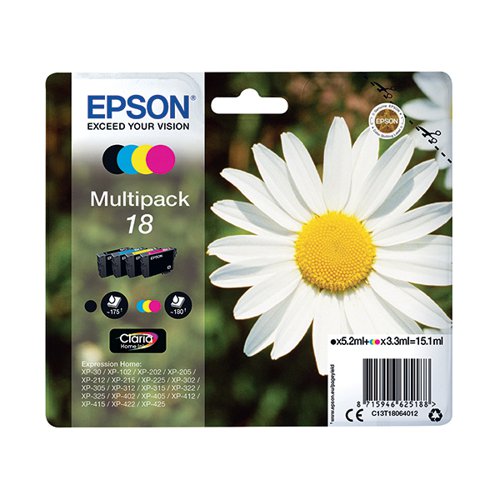 Epson 18 Claria Home Ink set is a versatile, four-colour multipack cartridge set that delivers crisp, clear text documents and glossy, lab-quality photos. It is ideal for affordable, reliable printing without compromise. Pack contains one of each: T1801 (Black), T1802 (Cyan), T1803 (Magenta), T1804 (Yellow).