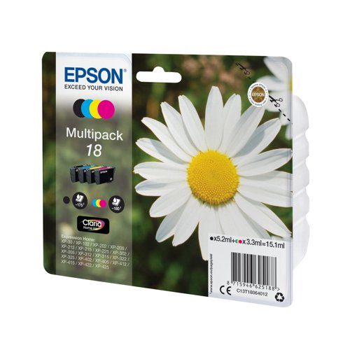 Epson 18 Claria Home Ink set is a versatile, four-colour multipack cartridge set that delivers crisp, clear text documents and glossy, lab-quality photos. It is ideal for affordable, reliable printing without compromise. Pack contains one of each: T1801 (Black), T1802 (Cyan), T1803 (Magenta), T1804 (Yellow).