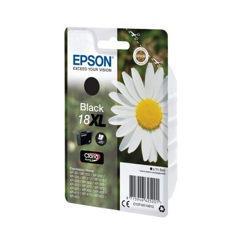 This Epson 18XL Black Inkjet Cartridge is for use with Epson Expression Home XP-30, 102, 202, 205, 212, 215, 225, 305, 312, 315, 322, 325, 405, 412, 415, 422, and 425 printers. Each high yield cartridge contains 11.5ml of ink. This pack contains 1 black ink cartridge.