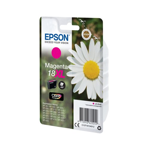 This Epson 18XL Magenta Inkjet Cartridge is for use with Epson Expression Home XP-30, 102, 202, 205, 212, 215, 225, 305, 312, 315, 322, 325, 405, 412, 415, 422, and 425 printers. Each high yield cartridge contains 6.6ml of ink. This pack contains 1 magenta ink cartridge.